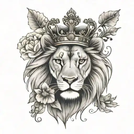 half lion, crown, flowers, fully open fan tattoo design idea