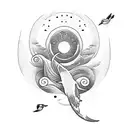 sunrise, waves, birds tattoo design idea