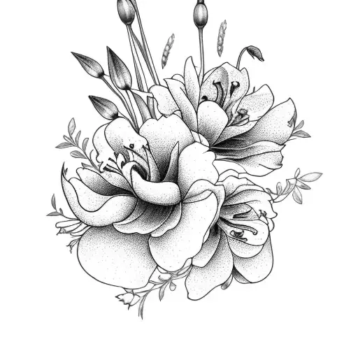 Lily, hawthorn, poppy, gladiolus, peony, chrysanthemums bouquet  tattoo design idea