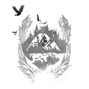 A tattoo design combining elements from 'The Last of Us' and nature, with birds flying over a post-apocalyptic landscape tattoo design idea