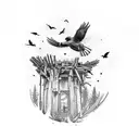A tattoo design combining elements from 'The Last of Us' and nature, with birds flying over a post-apocalyptic landscape tattoo design idea