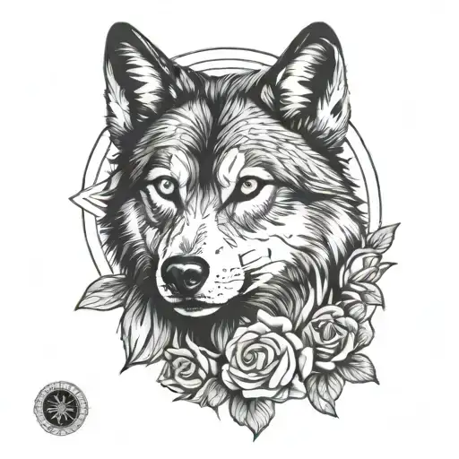 wolf with compas rose tattoo design idea