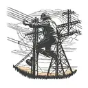An electrical lineman working on power lines against a backdrop of a sunset over a rural landscape tattoo design idea