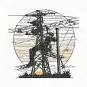 An electrical lineman working on power lines against a backdrop of a sunset over a rural landscape tattoo design idea