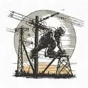 An electrical lineman working on power lines against a backdrop of a sunset over a rural landscape tattoo design idea