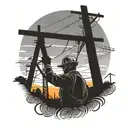 An electrical lineman working on power lines against a backdrop of a sunset over a rural landscape tattoo design idea