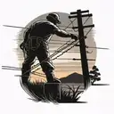 An electrical lineman working on power lines against a backdrop of a sunset over a rural landscape tattoo design idea