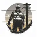 An electrical lineman working on power lines against a backdrop of a sunset over a rural landscape tattoo design idea