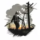 An electrical lineman working on power lines against a backdrop of a sunset over a rural landscape tattoo design idea