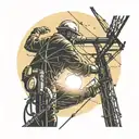 An electrical lineman working on power lines against a backdrop of a sunset over a rural landscape tattoo design idea