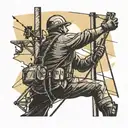 An electrical lineman working on power lines against a backdrop of a sunset over a rural landscape tattoo design idea