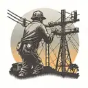 An electrical lineman working on power lines against a backdrop of a sunset over a rural landscape tattoo design idea