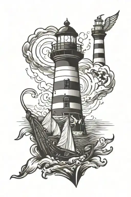 Boat and lighthouse tattoo design idea