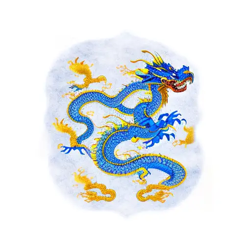 a blue and yellow chinese dragon whose tail transforms into a sheet music tattoo design idea