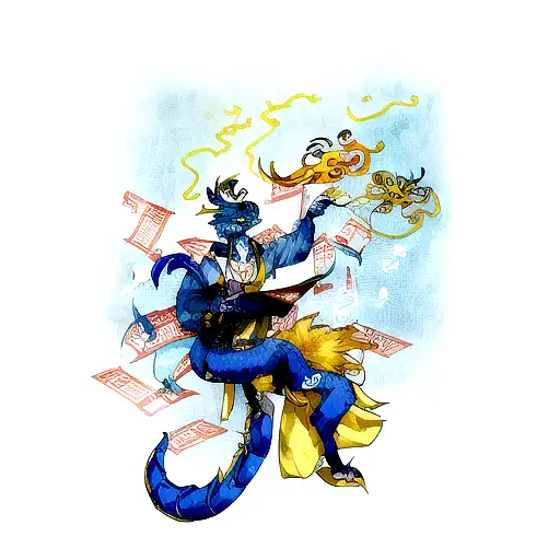 a blue and yellow chinese dragon whose tail transforms into a sheet music tattoo design idea