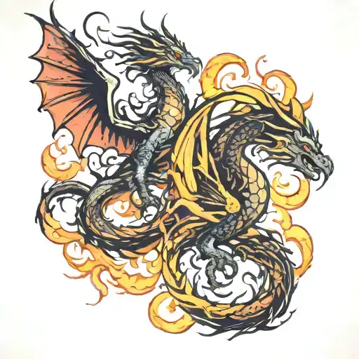 dragon and Phoenix rising from flames tattoo design idea