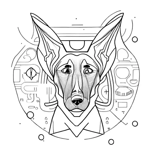 A minimalist tattoo combining a doberman and a spaceship, symbolizing the client's love for both dogs and space. tattoo design idea