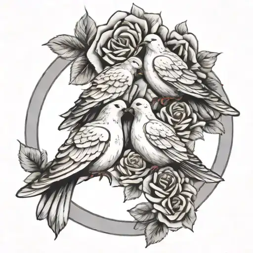 3 doves with rose surrounded tattoo design idea
