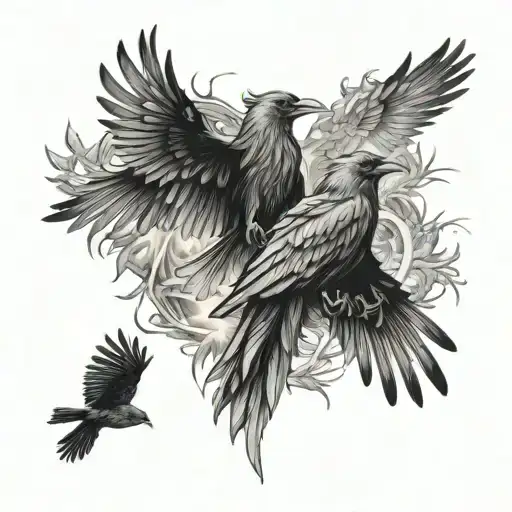 black and white sketch of a tattoo on the chest, in the center there is a light burning, on the sides two crows are reac tattoo design idea