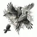 black and white sketch of a tattoo on the chest, in the center there is a light burning, on the sides two crows are reac tattoo design idea
