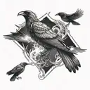 black and white sketch of a tattoo on the chest, in the center there is a light burning, on the sides two crows are reac tattoo design idea