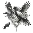black and white sketch of a tattoo on the chest, in the center there is a light burning, on the sides two crows are reac tattoo design idea