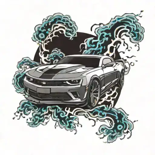 Incorporate a Camaro car design with lightning bolts and ocean waves in the background tattoo design idea