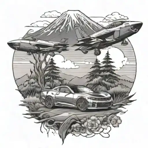 Create a tattoo featuring a camaro zl1 racing through a Japanese landscape with Mt. Fuji in the background tattoo design idea