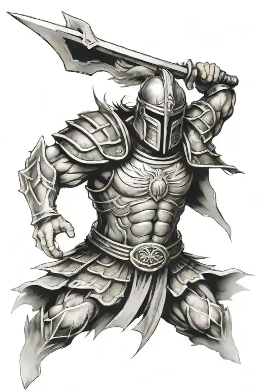 Design a Spartan warrior with Japanese kanji symbols representing strength and determination tattoo design idea