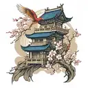 japanese building with pheonix flying around it and sakura trees  tattoo design idea