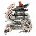 japanese building with pheonix flying around it and sakura trees  tattoo design idea