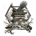 japanese building with pheonix flying around it and sakura trees  tattoo design idea