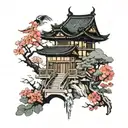 japanese building with pheonix flying around it and sakura trees  tattoo design idea