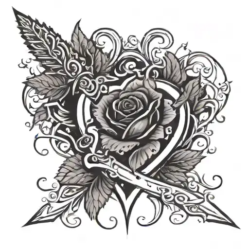 A dagger piercing through a heart, with blood droplets turning into roses, and vines curling around the blade tattoo design idea