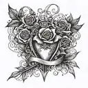 A dagger piercing through a heart, with blood droplets turning into roses, and vines curling around the blade tattoo design idea