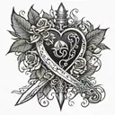 A dagger piercing through a heart, with blood droplets turning into roses, and vines curling around the blade tattoo design idea