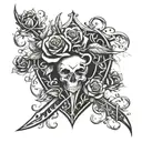 A dagger piercing through a heart, with blood droplets turning into roses, and vines curling around the blade tattoo design idea