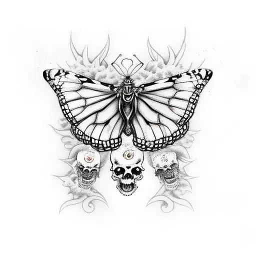 monarch butterfly with flaming skulls in its wings   tattoo design idea