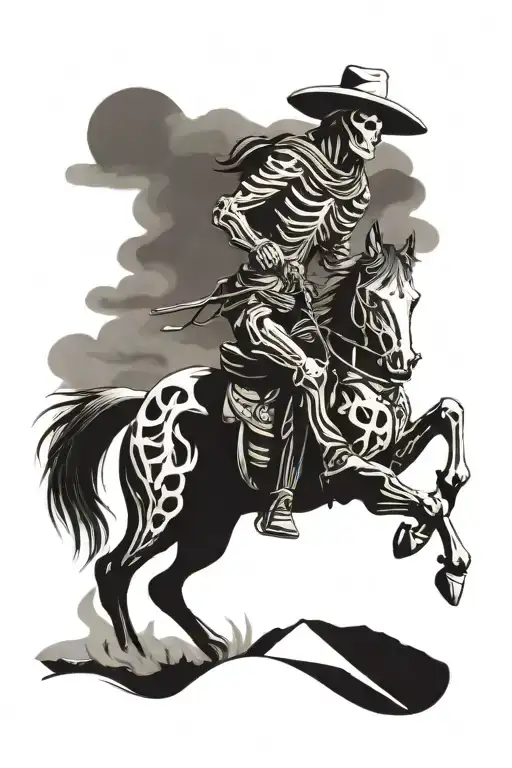 A skeletal cowboy riding a ghostly horse through a desert landscape tattoo design idea