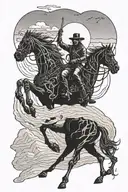 A skeletal cowboy riding a ghostly horse through a desert landscape tattoo design idea