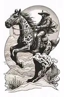A skeletal cowboy riding a ghostly horse through a desert landscape tattoo design idea