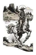 A skeletal cowboy riding a ghostly horse through a desert landscape tattoo design idea