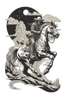 A skeletal cowboy riding a ghostly horse through a desert landscape tattoo design idea