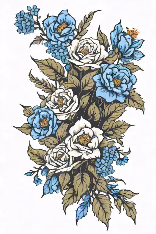 October, September, August, and February birth flower bouquet  tattoo design idea
