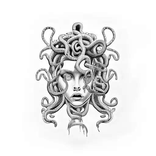 Medusa with snakes for hair, sad look on her face and black tears tattoo design idea