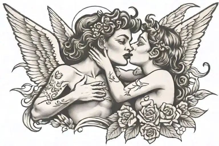 angel and demon kiss tattoo design idea