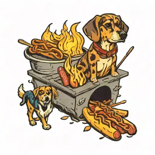 A neotraditional tattoo of a beach bonfire with dogs roasting hot dogs, while the lunch lady serves up beach snacks tattoo design idea