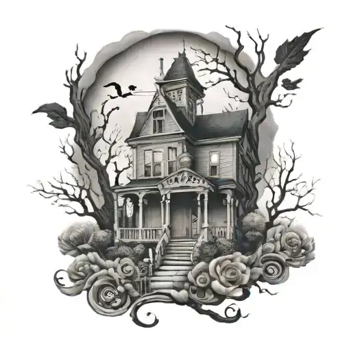 A black and grey tattoo of a haunted house with a music-themed graveyard in the front yard tattoo design idea