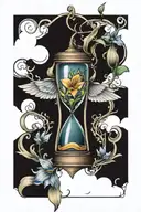 Tattoo with a bent hourglass with wings with lilies and vines on top and bottom for the middle of the back tattoo design idea