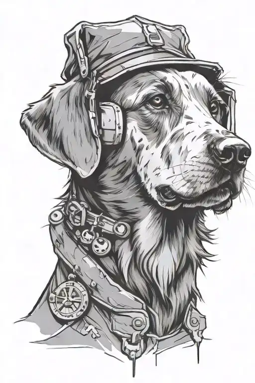 Create a dog head tattoo design in the style of Banksy. Use the stencil technique with a tight, sharp line tattoo design idea